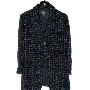 Chanel FW 2021 Black Fantasy Tweed Blue Metallic Long Jacket